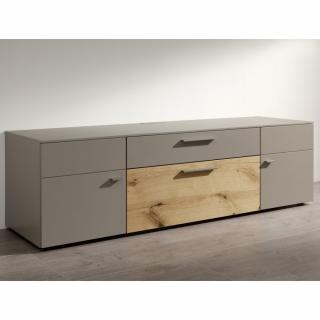Buffet bas TV ANZIO TAUPE laque et Bois CHÊNE 2 portes 2 tiroirs 